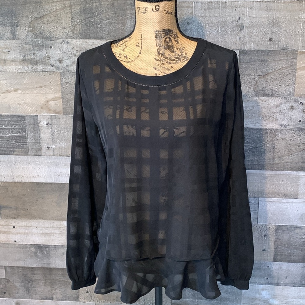 Ann Taylor Loft Sheer Black Top with bottom  ruffles Size M